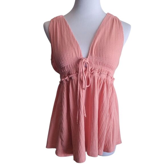Free People Beach Bound Plunging Tank Top Tie Front Sleeveles Ribbed Womens M - Picture 1 of 8